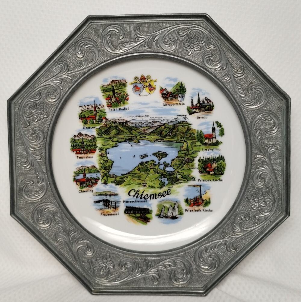 Vintage Chiemsee Germany Souvenir Plate Octagonal Pewter Porcelain Bavarian